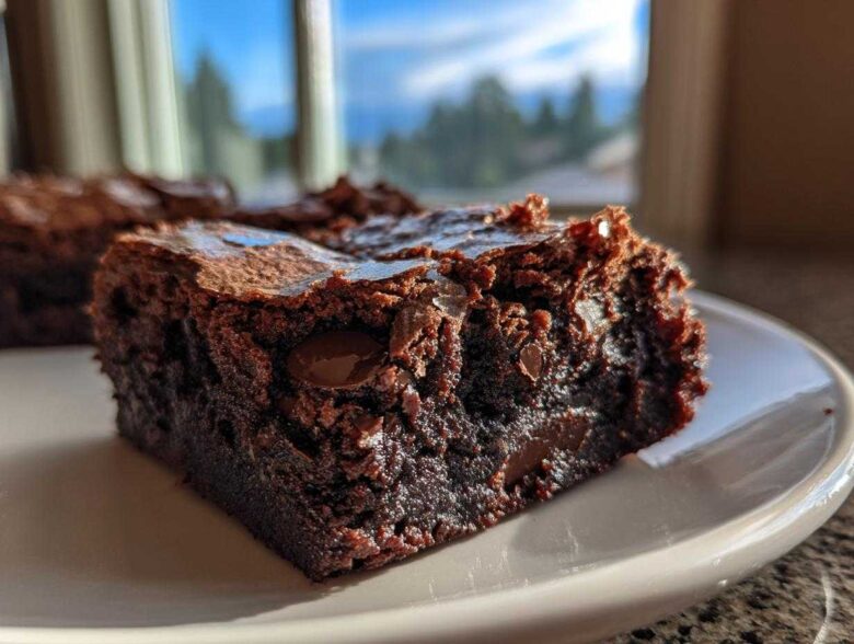 Close-up of an irresistibly chewy brown butter brownie with visible chocolate chips on a white plate.
