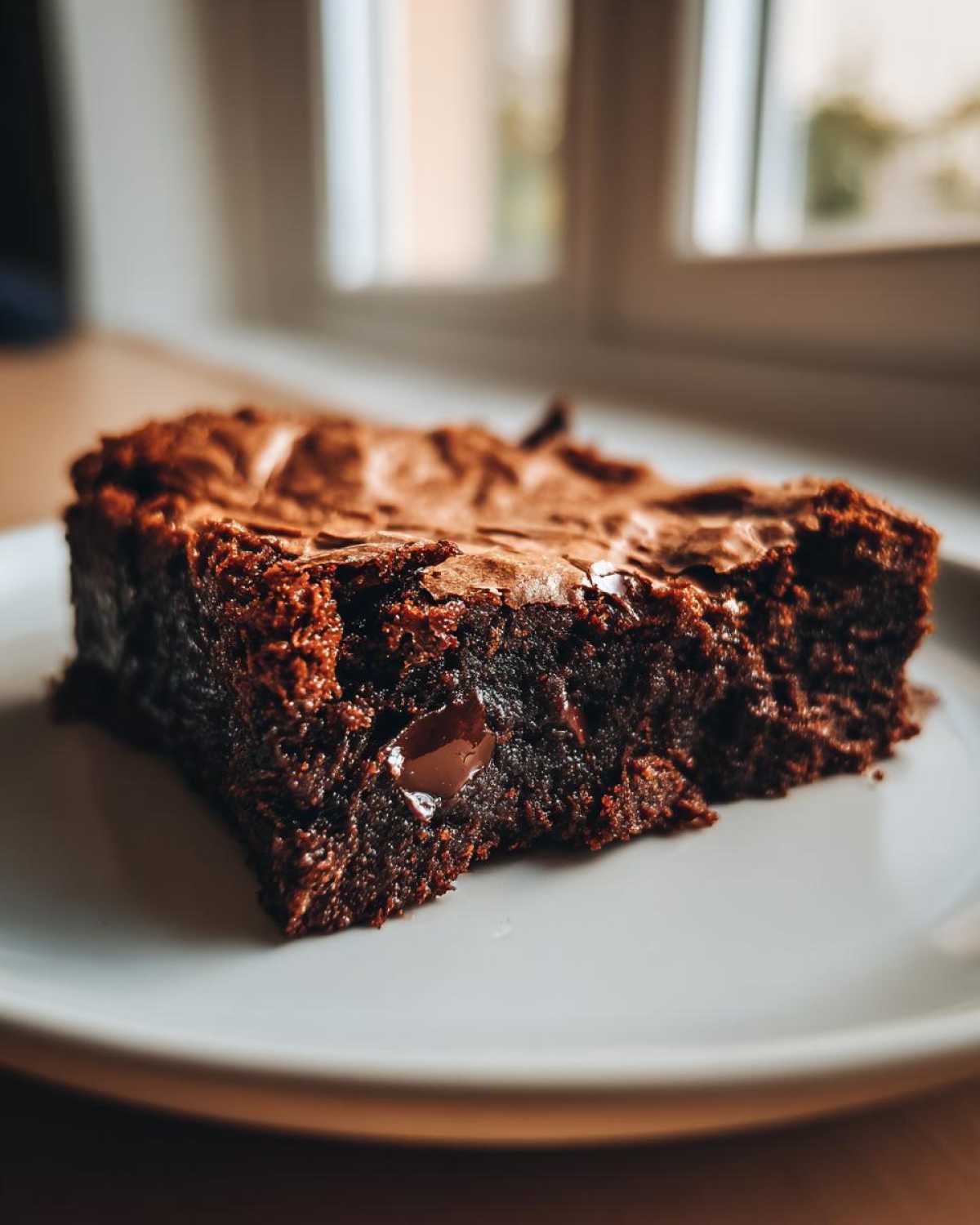 Close-up of an irresistibly chewy brown butter brownie slice with a melted chocolate chip on a white plate.