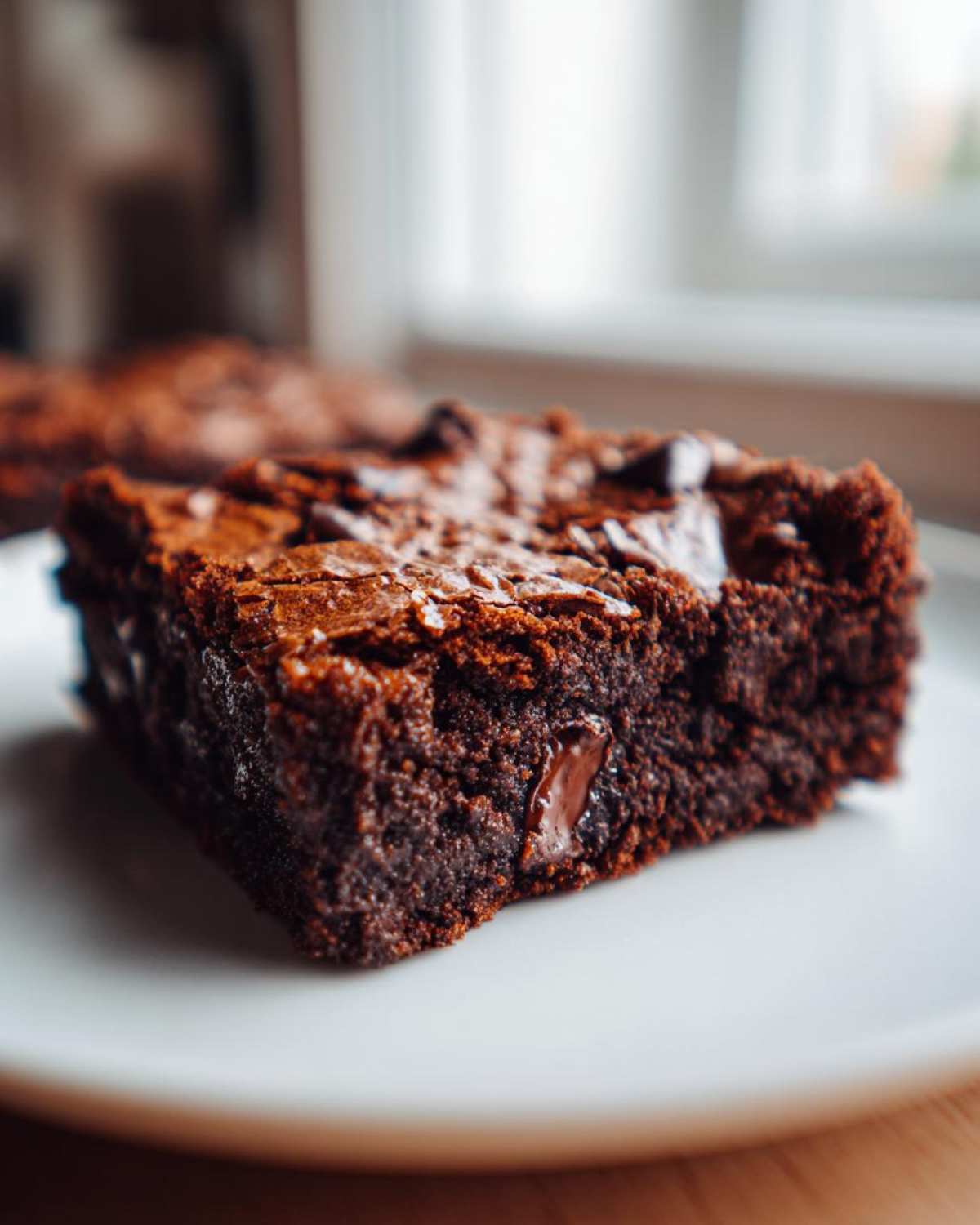 Close-up of an irresistibly chewy brownie square made with brown butter, showing a shiny top and melted chocolate chips.