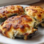 Three baked Chicken Stuffed Poblano Peppers topped with bubbly, browned cheese, served on a white plate.