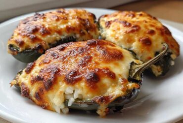 Three baked Chicken Stuffed Poblano Peppers topped with bubbly, browned cheese, served on a white plate.