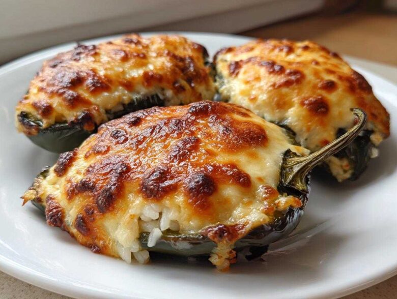Three baked Chicken Stuffed Poblano Peppers topped with bubbly, browned cheese, served on a white plate.