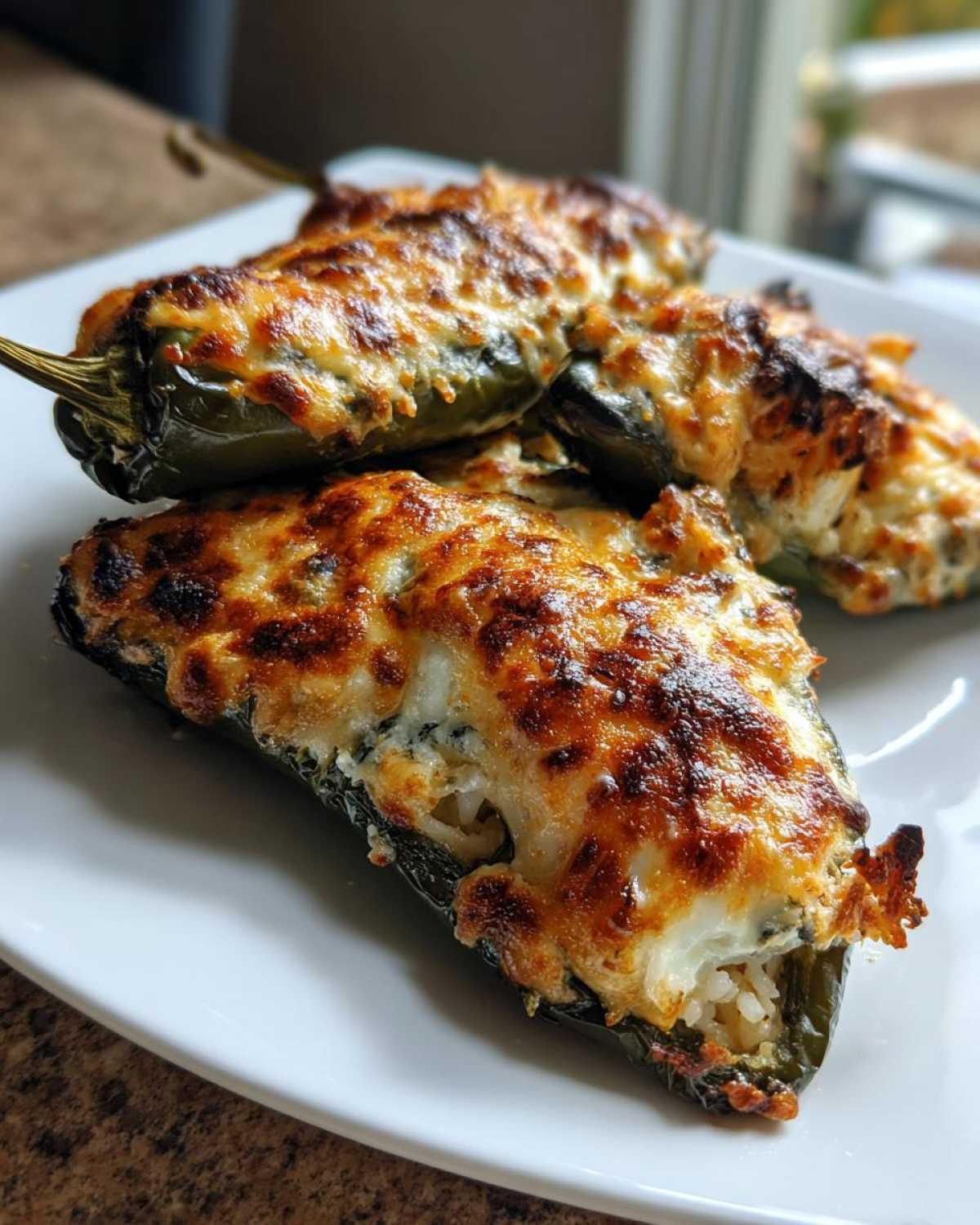 Three baked Chicken Stuffed Poblano Peppers topped with melted, browned cheese served on a white plate.