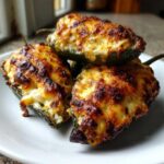 Three baked Chicken Stuffed Poblano Peppers piled on a white plate, topped with bubbly, browned cheese.