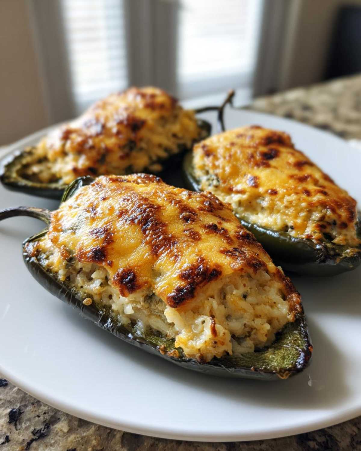 Three baked Chicken Stuffed Poblano Peppers topped with golden, melted, and slightly browned cheese.