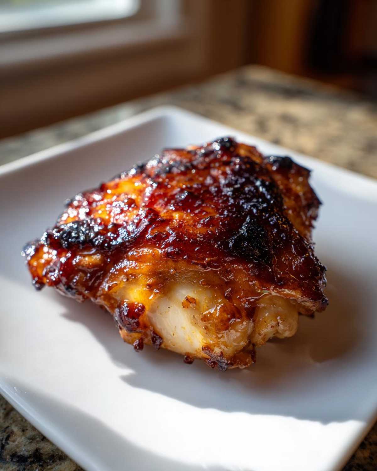 A single, perfectly cooked Chipotle Honey Chicken Thighs piece with a dark, glossy glaze on a white plate.
