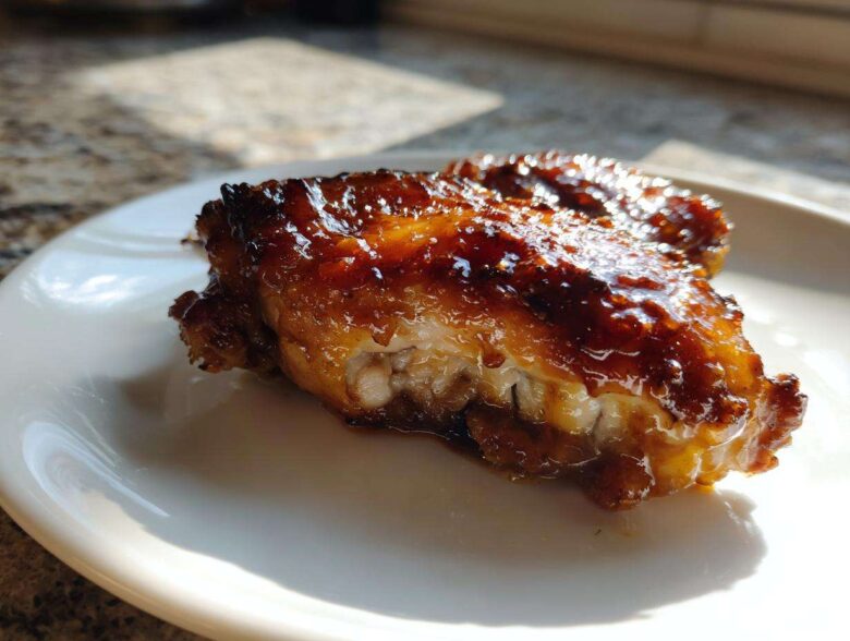 Close-up of a juicy, glazed Chipotle Honey Chicken Thighs piece on a white plate.
