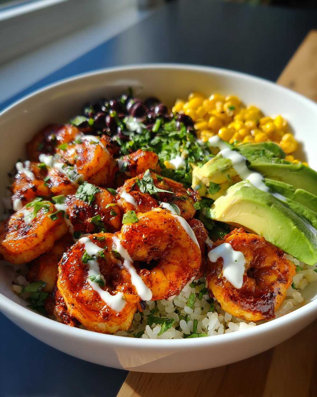 A vibrant Chipotle Lime Shrimp Bowl featuring seasoned shrimp, rice, black beans, corn, avocado, and a drizzle of white sauce.