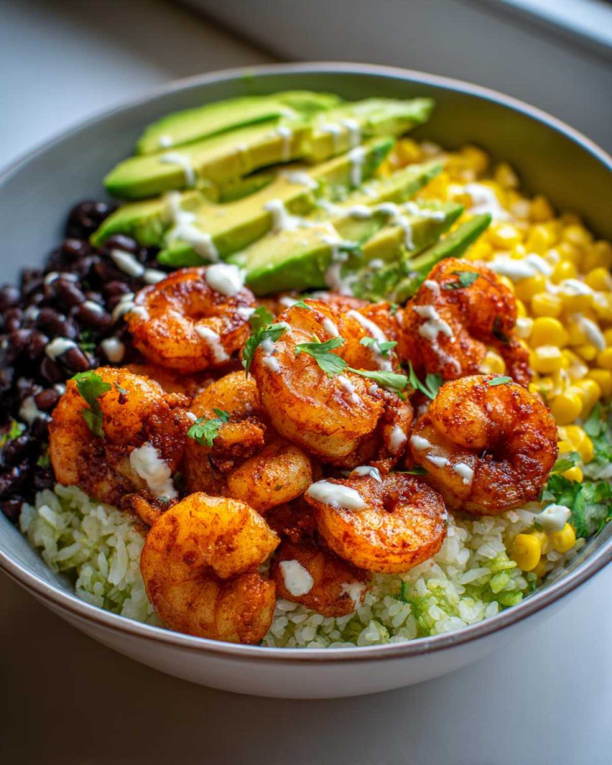 A close-up of a Chipotle Lime Shrimp Bowl featuring seasoned shrimp over cilantro-lime rice, black beans, corn, sliced avocado.