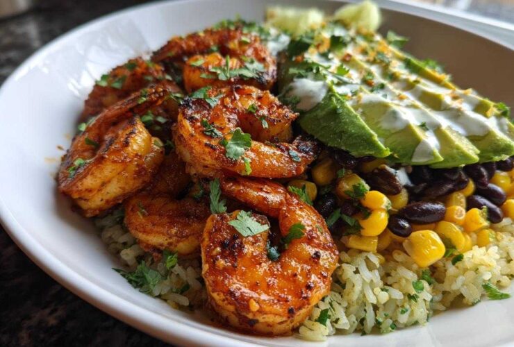 A vibrant Chipotle Lime Shrimp Bowl featuring seasoned shrimp, cilantro-lime rice, black beans, corn, and sliced avocado with crema.