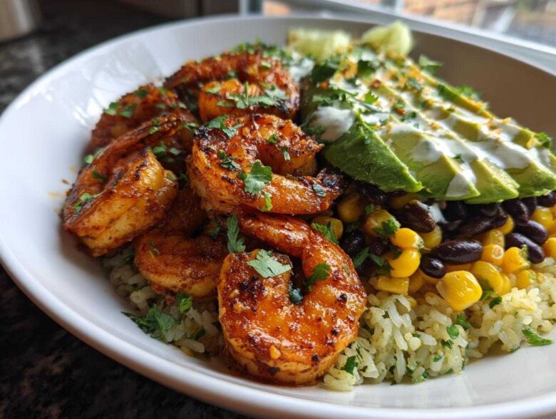 A vibrant Chipotle Lime Shrimp Bowl featuring seasoned shrimp, cilantro-lime rice, black beans, corn, and sliced avocado with crema.