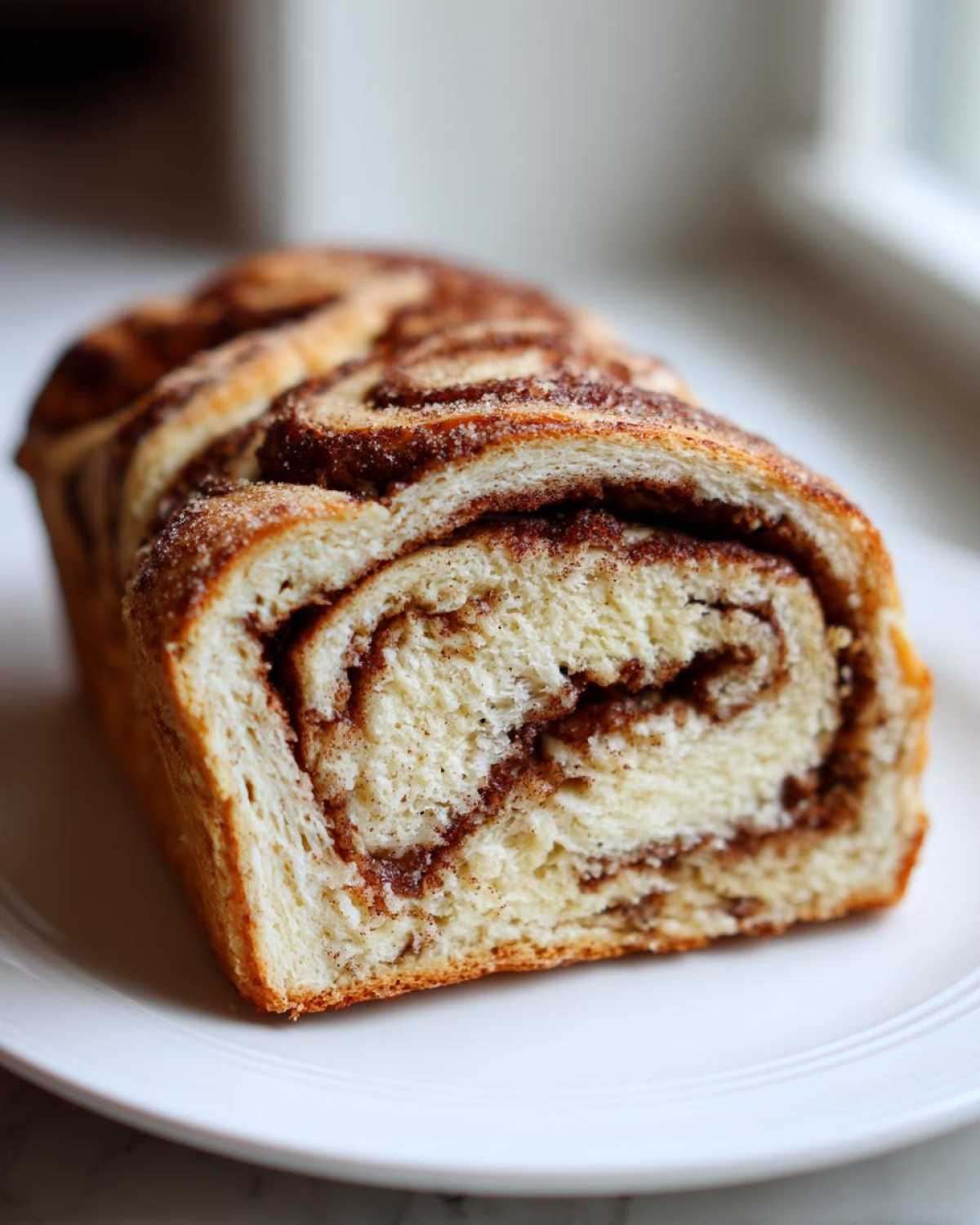 Close-up of a freshly baked loaf of Cinnamon Swirl Bread showing the beautiful interior swirl pattern.