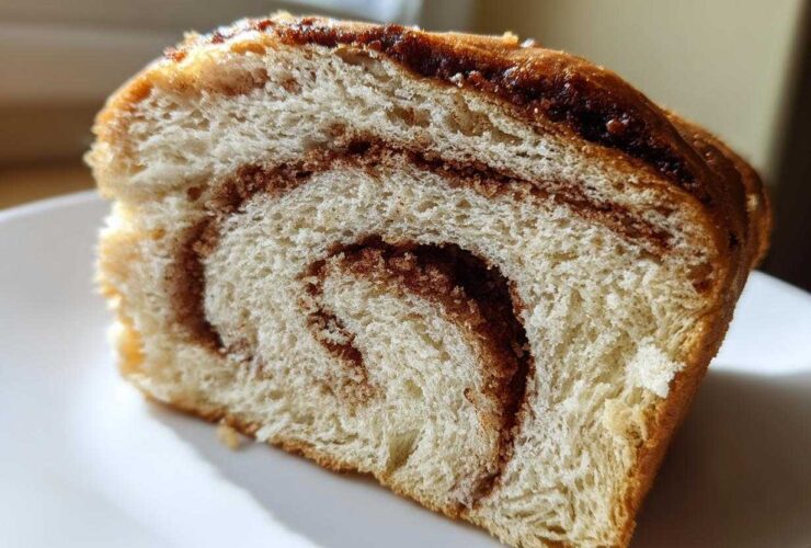 Close-up of a soft slice of Cinnamon Swirl Bread showing the beautiful brown cinnamon swirl pattern inside the white bread.