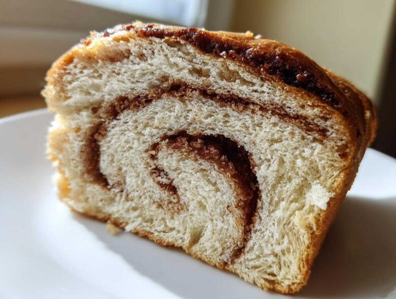 Close-up of a soft slice of Cinnamon Swirl Bread showing the beautiful brown cinnamon swirl pattern inside the white bread.