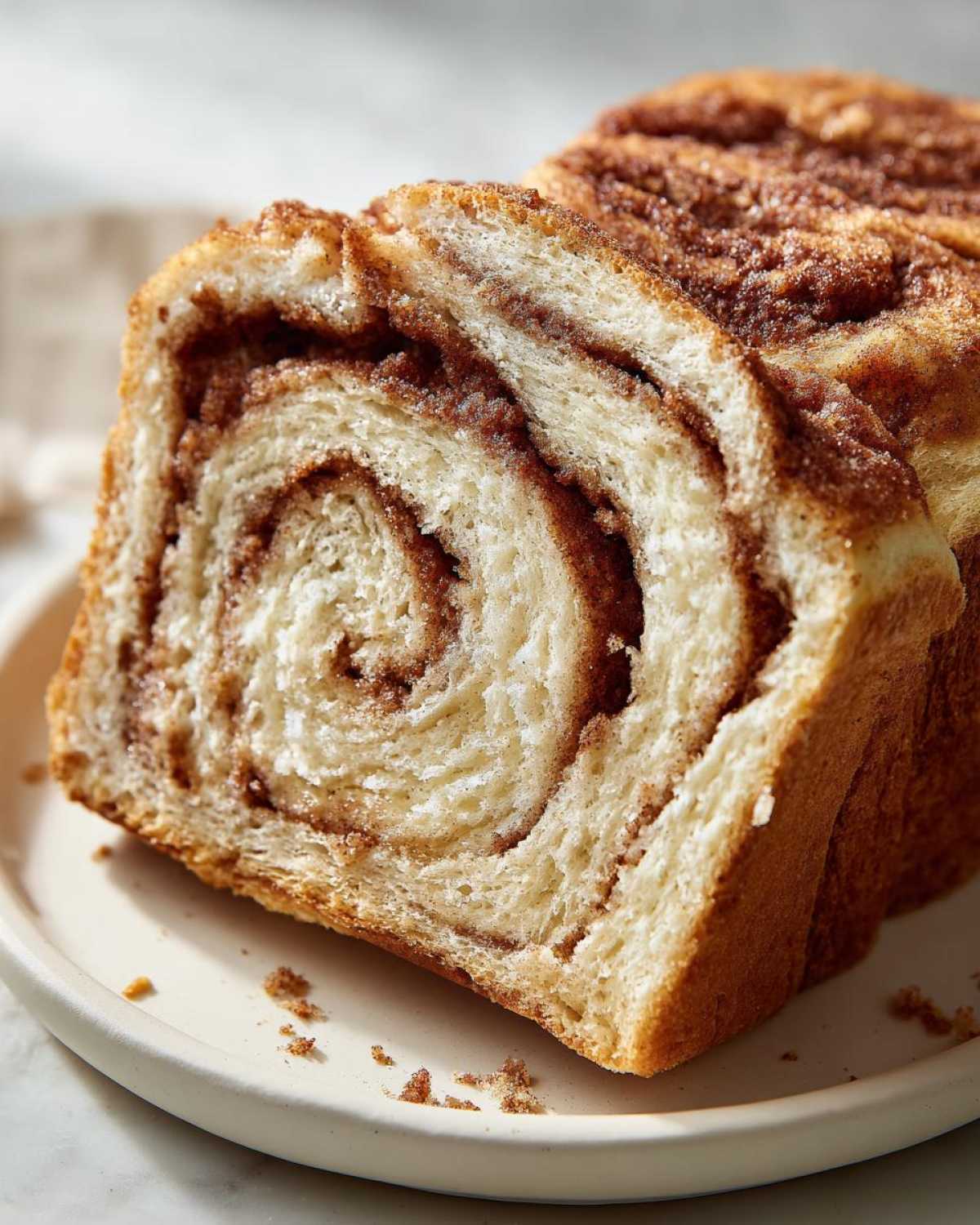 A close-up of a freshly sliced Cinnamon Swirl Bread showing the distinct, beautiful spiral pattern of the cinnamon filling.