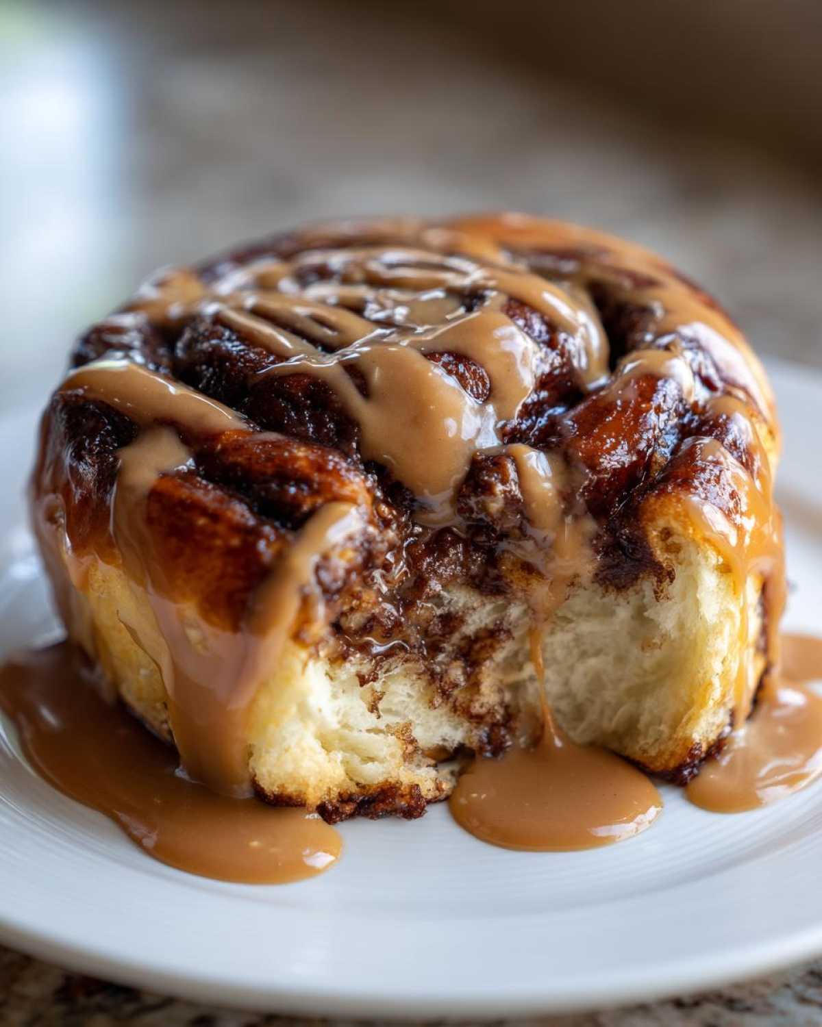 A fluffy Cookie Butter Cinnamon Roll with a bite taken out, generously drizzled with thick cookie butter icing.