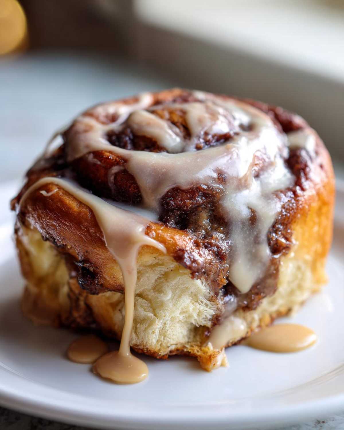 A single, gooey Cookie Butter Cinnamon Roll topped with thick, dripping glaze on a white plate.