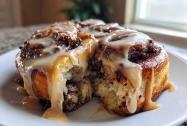 A close-up of two soft Cookie Butter Cinnamon Rolls dripping with thick, light brown icing on a white plate.