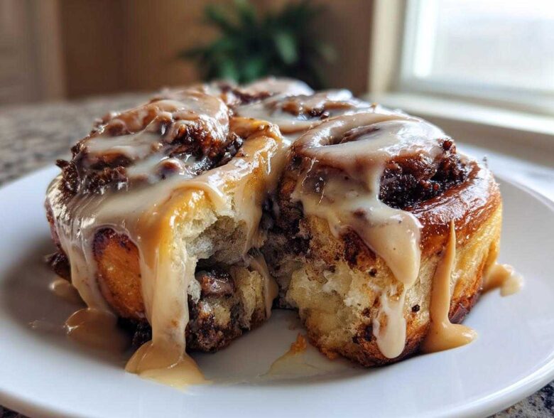 A close-up of two soft Cookie Butter Cinnamon Rolls dripping with thick, light brown icing on a white plate.
