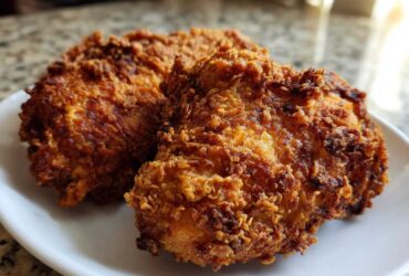 Two pieces of golden brown, extra crispy Copycat Country Chicken resting on a white plate.