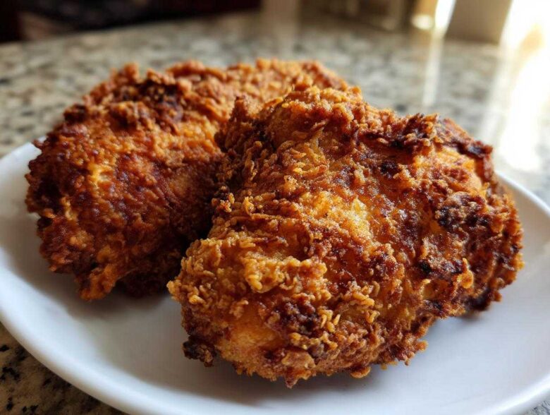 Two pieces of golden brown, extra crispy Copycat Country Chicken resting on a white plate.