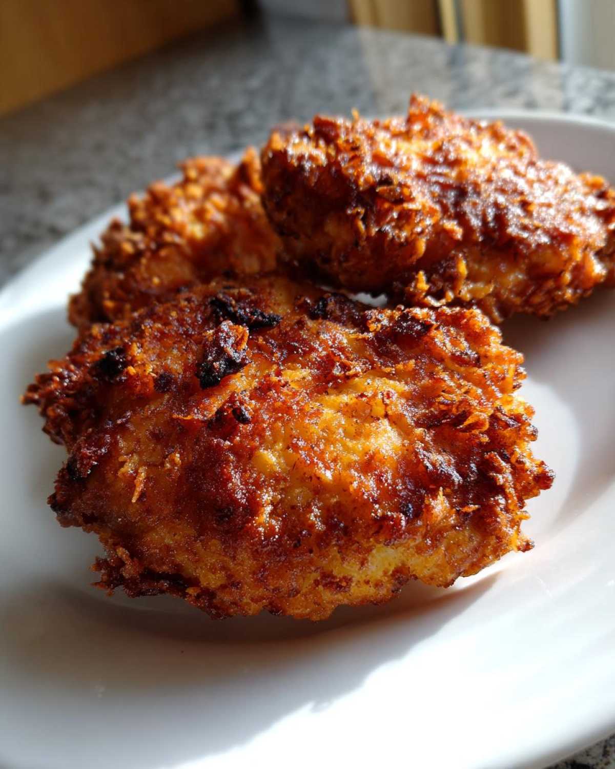 Three golden-brown, crispy pieces of Copycat Country Chicken served on a white plate.