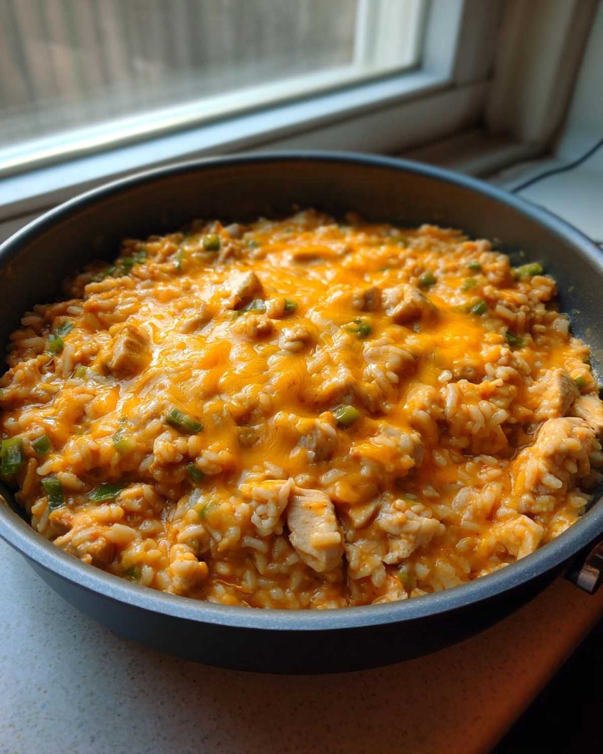 A skillet filled with creamy Cajun chicken rice topped generously with melted orange cheddar cheese.