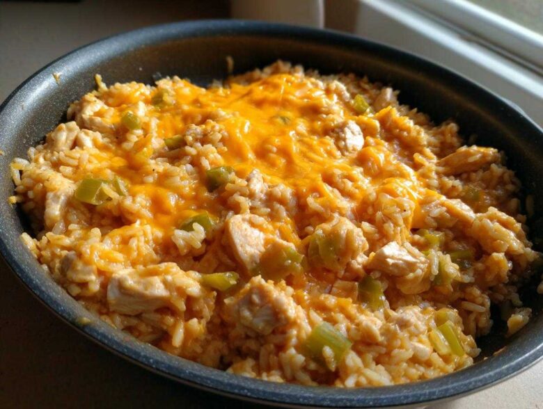 A skillet filled with creamy Cajun chicken rice, featuring chunks of chicken, green peppers, and topped with melted orange cheddar cheese.