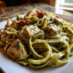Close-up of creamy Chicken Pesto Pasta featuring fettuccine, chunks of chicken, and sun-dried tomatoes on a white plate.