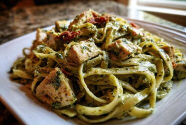 Close-up of creamy Chicken Pesto Pasta featuring fettuccine, chunks of chicken, and sun-dried tomatoes on a white plate.