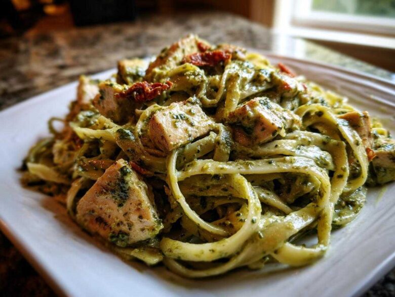 Close-up of creamy Chicken Pesto Pasta featuring fettuccine, chunks of chicken, and sun-dried tomatoes on a white plate.