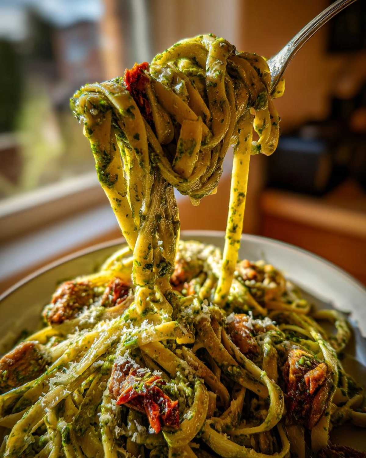 A fork lifts a generous twirl of fettuccine coated in creamy pesto sauce, part of a bowl of Chicken Pesto Pasta.