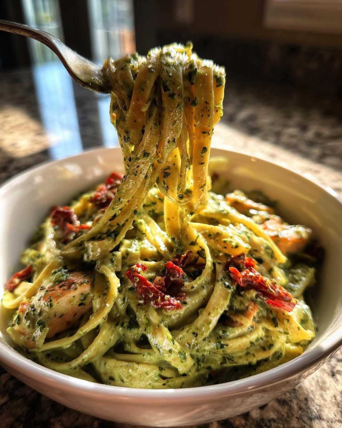 A fork lifts creamy Chicken Pesto Pasta coated in green sauce, topped with sun-dried tomatoes, from a white bowl.