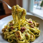 A fork lifting a generous twirl of creamy Chicken Pesto Pasta, showing fettuccine coated in green pesto, chicken pieces, and sun-dried tomatoes.