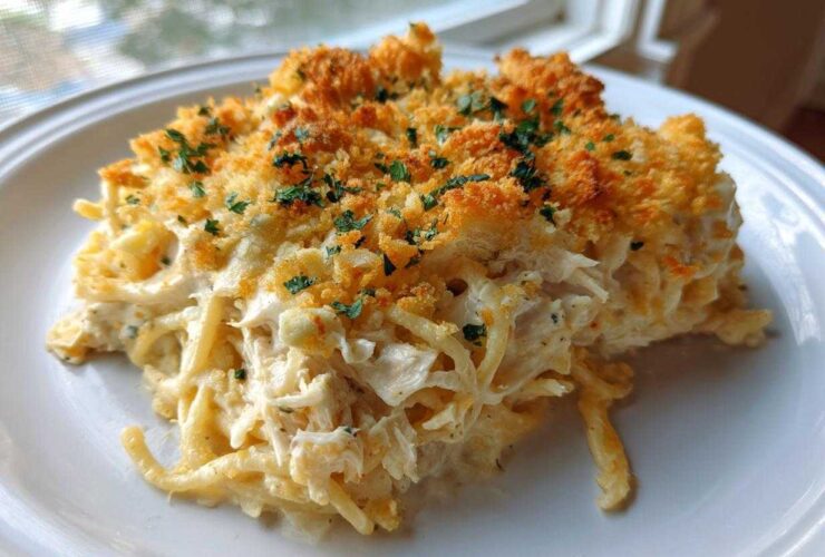 A generous serving of creamy Chicken Spaghetti topped with golden, crunchy breadcrumbs and fresh parsley.