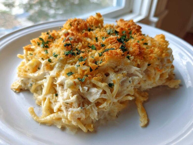 A generous serving of creamy Chicken Spaghetti topped with golden, crunchy breadcrumbs and fresh parsley.