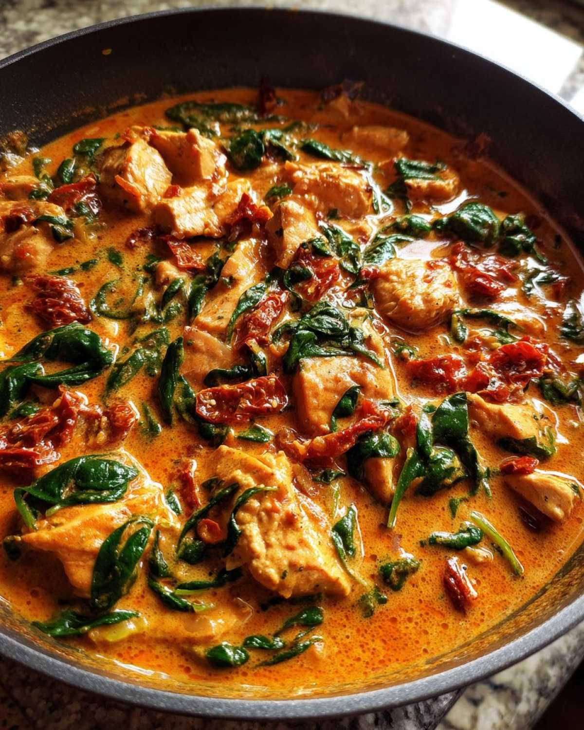 Close-up of chicken pieces, spinach, and sun-dried tomatoes in a rich, orange sauce from the Creamy Keto Skillet Recipe.