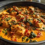 Close-up of chicken pieces simmering in a rich, orange sauce with spinach and sun-dried tomatoes in a Creamy Keto Skillet Recipe.