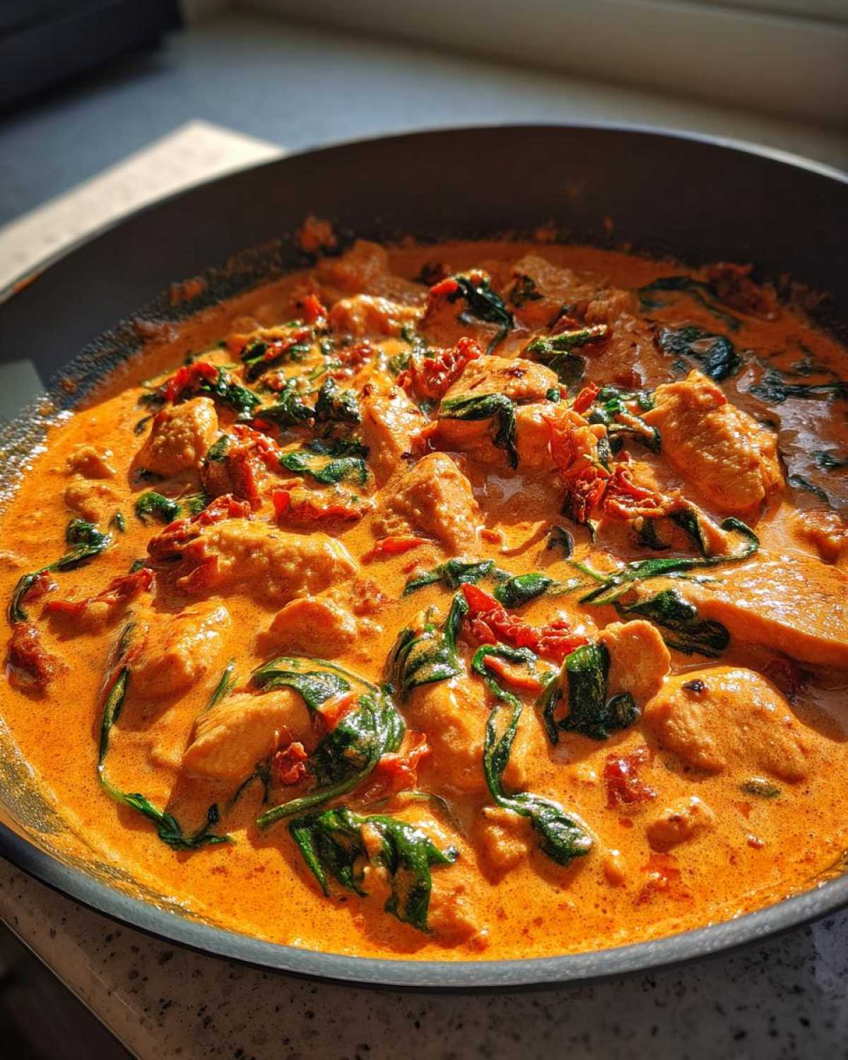 Close-up of chicken pieces in a rich, orange, creamy sauce with spinach and sun-dried tomatoes, part of the Creamy Keto Skillet Recipe.
