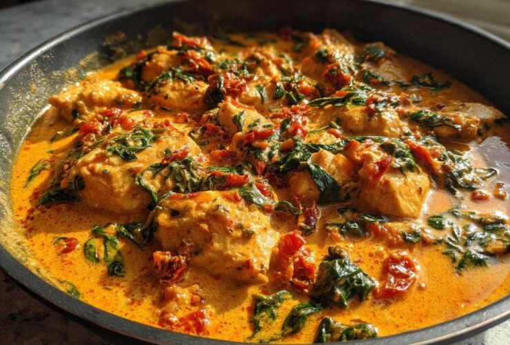 Close-up of chicken pieces simmering in a rich, orange sauce with spinach and sun-dried tomatoes in a Creamy Keto Skillet Recipe.