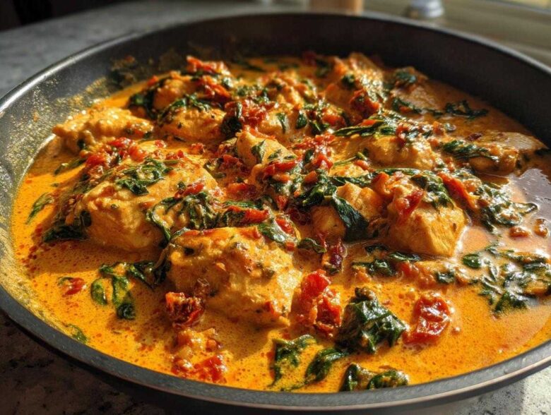 Close-up of chicken pieces simmering in a rich, orange sauce with spinach and sun-dried tomatoes in a Creamy Keto Skillet Recipe.