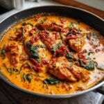 Close-up of chicken breasts simmering in a rich, orange sauce with spinach and sun-dried tomatoes in a skillet, perfect for a Creamy Keto Skillet Recipe.