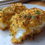 Two pieces of Crispy Baked Cod Weeknight with golden breading and parsley garnish on a white plate.
