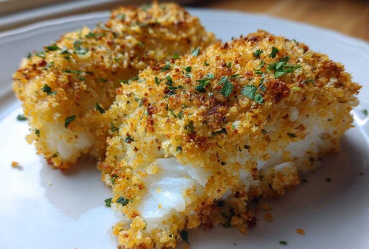 Two pieces of Crispy Baked Cod Weeknight with golden breading and parsley garnish on a white plate.