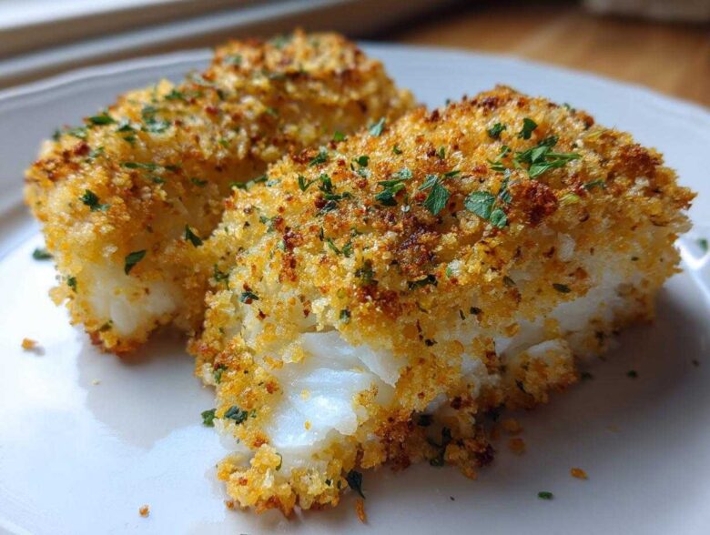 Two pieces of Crispy Baked Cod Weeknight with golden breading and parsley garnish on a white plate.