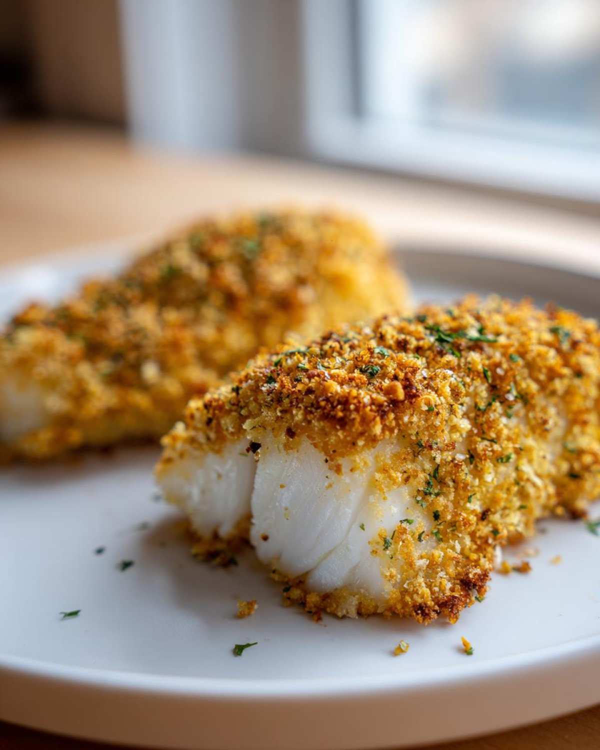 A close-up of a flaky white cod fillet with a golden, crispy breadcrumb crust, perfect for Crispy Baked Cod Weeknight.
