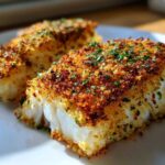 Close-up of two flaky white fish fillets with a golden, crispy baked cod weeknight crust, garnished with parsley.