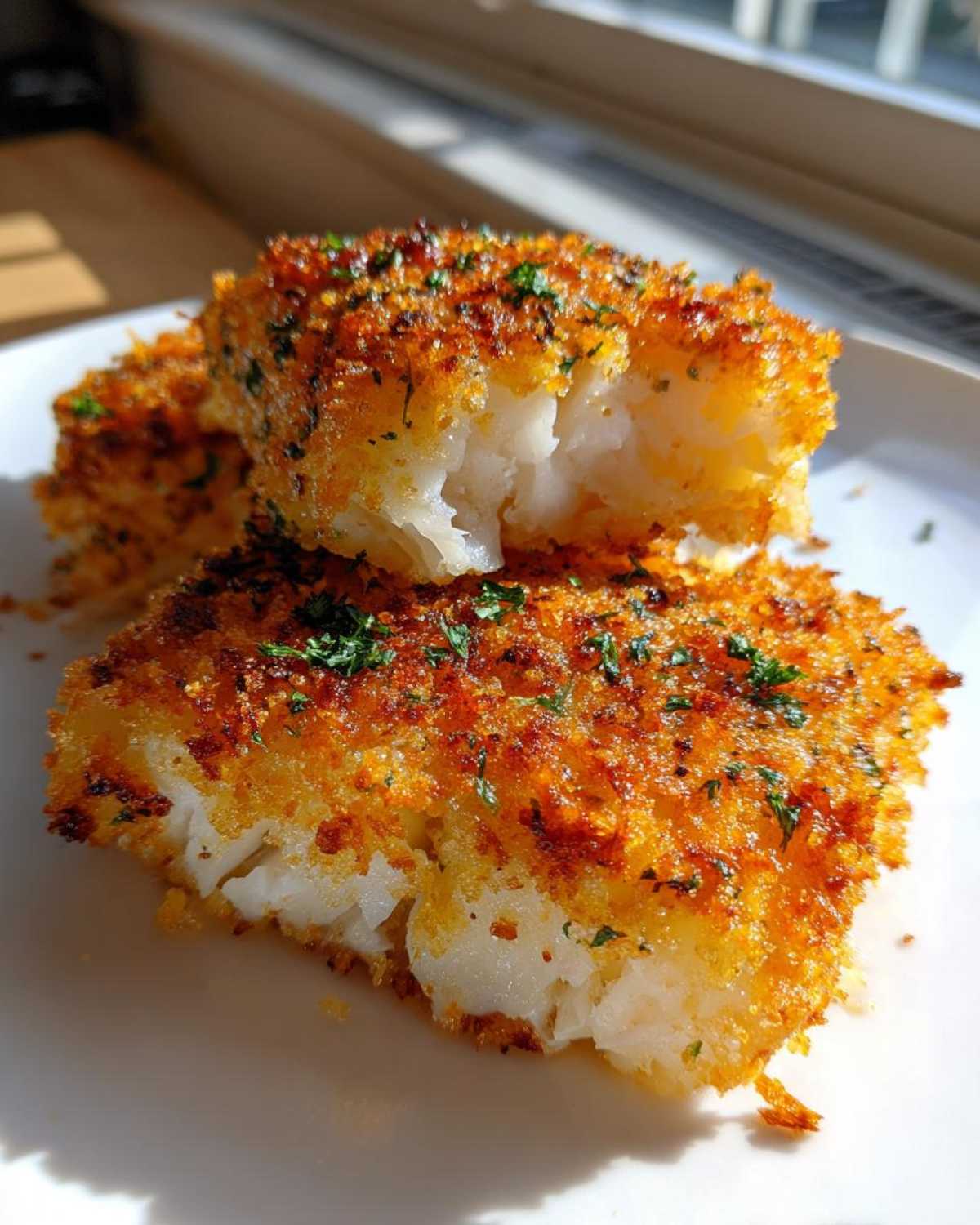 Close-up of two pieces of Crispy Baked Cod Weeknight, showing the flaky white interior and seasoned breading.