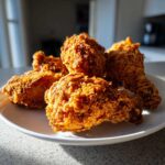 Close-up of several pieces of golden brown, crispy Copycat Country Chicken served on a white plate.