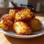 A close-up of golden brown, crispy Greek potatoes piled on a white plate, showcasing their crunchy texture.